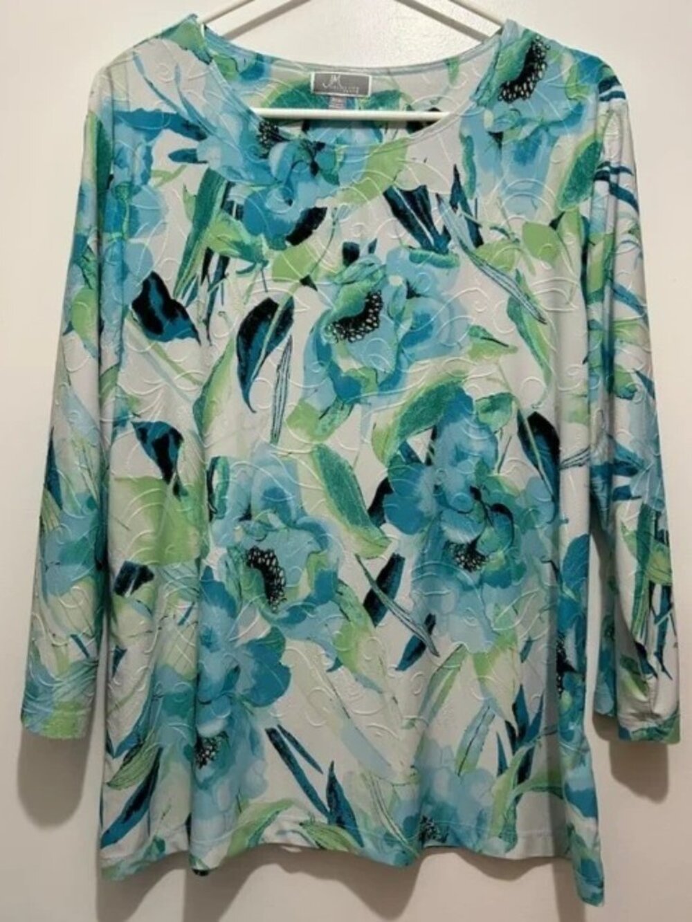JM Collection Petite Textured Floral Blouse P/XL Blue Green Lightweight Top